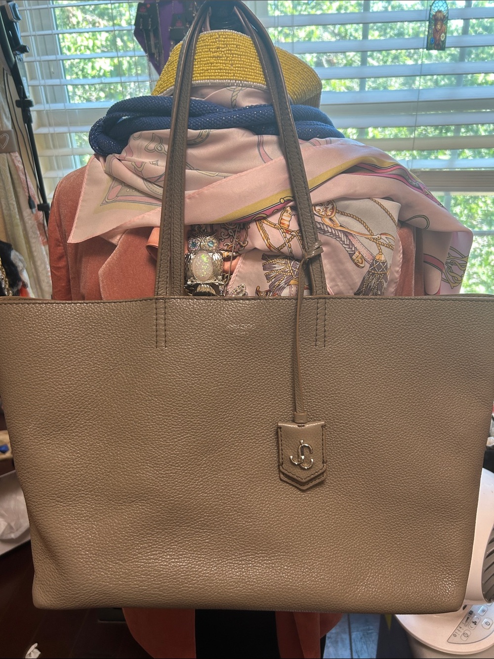 Jimmy Choo Taupe Pebbled Leather Tote with Logo Charm